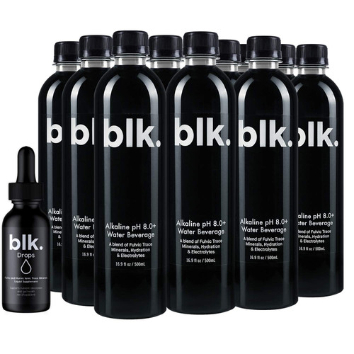 Blk. Fulvic Enriched Bottled Water 16.9oz / 500ml (12 Pack) + 2oz Fulvic Charged Drops