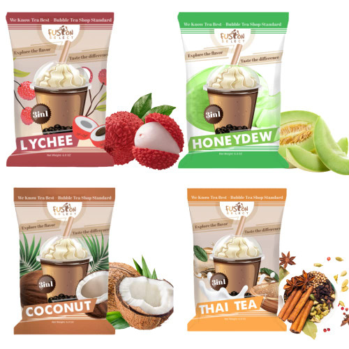 Fusion Select 4 Variety Flavors Thai Tea,honeydew, Coconut, Lychee 3-in-1 Drink Powder Instant Pre-mixed Powder For Hot Or Cold Blends Yummy Frappes