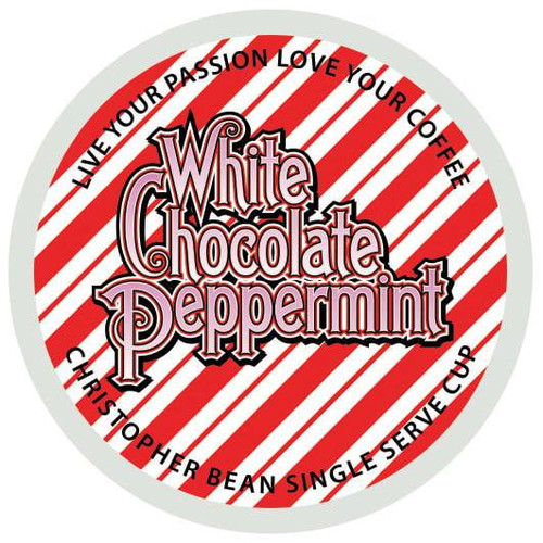 White Chocolate Peppermint Single Coffee Cup, (regular) 100% Recyclable Single Serve Flavored Pod, 100% Arabica, No Sugar, No Fats, Non-gmo, 18 Cups Of Regular Coffee Per Box - Christopher Bean