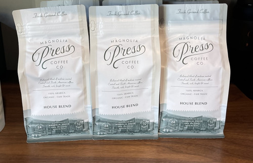 Magnolia Press Coffee Co. House Blend Organic Fair Trade Arabica Coffee.  3/4 Lb Per Bag.  3 Pack Bundle