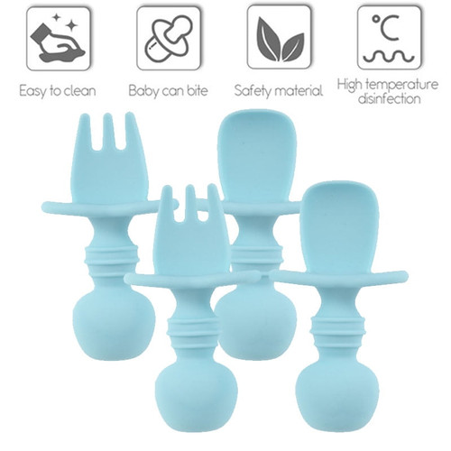 Gotydi 4pcs Baby Toddlers Self Feeding Spoon Fork Utensil Set Silicone Trainer Spoon & Fork Bpa Free Blue