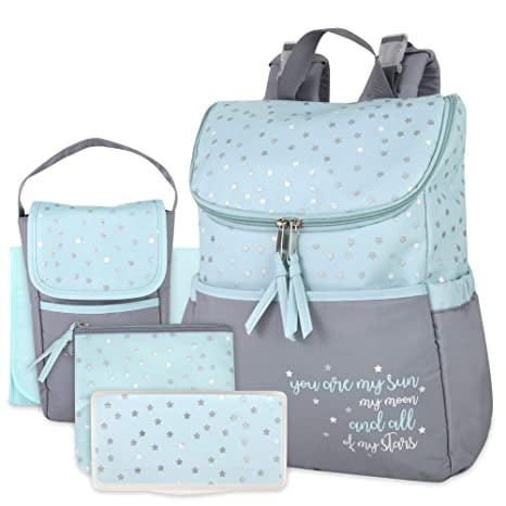Baby Essential, Diaper Bag Backpack 5 Piece Set With Sun, Moon, And Stars, Wipes Pocket, Stroller Straps, Dirty Diaper Pouch, Changing Pad - Grey/blue