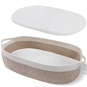 Baby Changing Basket - Moses Basket Boho Nursery Decor Cotton Rope Changing Table Topper With Thick Cotton Foam Pad And Removable Waterproof Bamboo Mattress Cover
