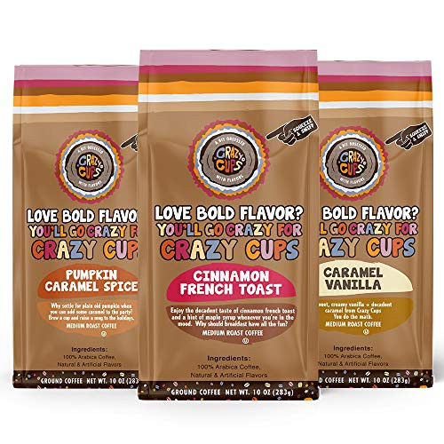 Crazy Cups Flavored Ground Coffee Variety Pack, Includes Cinnamon French Toast, Caramel Vanilla, Pumpkin Caramel Spice, In 10 Oz Bags, For Brewing Flavored Hot Or Iced Coffee, Variety 3 Pack