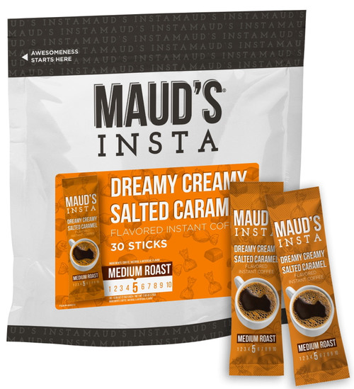 Maud's Instant Salted Caramel Coffee (dreamy Creamy), 30ct. Solar Energy Produced Single Serve Flavored Caramel Instant Coffee Travel Stick Packs, 100% Arabica Flavored Coffee California Roasted