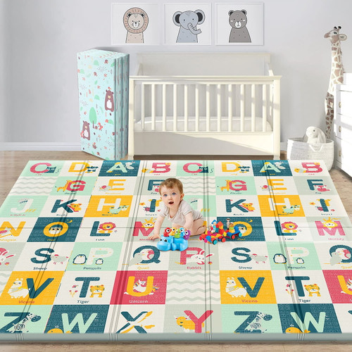 Campomy Xl 0.6 Inch Thicker Reversible Foldable Baby Play Mat, Waterproof Foam Floor Baby Crawling Mat, Portable Baby Playmat For Infants, Toddler, Kids, Indoor Outdoor Use