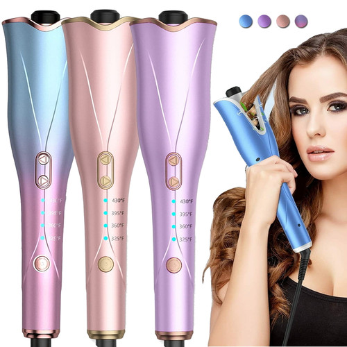 Duomishu Auto Hair Curler Automatic Curling Iron Wand With Dual-voltage,4 Temp & Timer, Beach Waves Rotating Barrel Curling Wands Set
