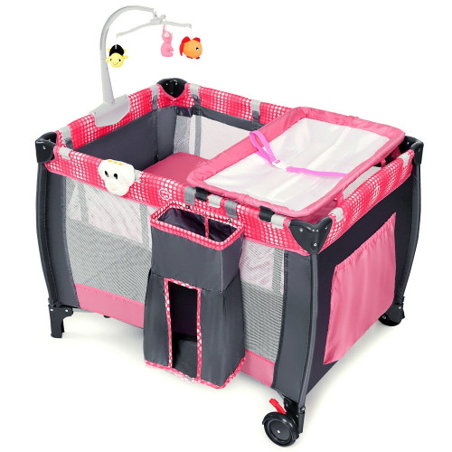 Costway Foldable Travel Baby Playpen Crib Infant Bassinet Bed Mosquito Net Music W/ Bag Pink