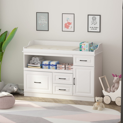Hitow Baby Changing Table With Drawers And Open Compartment, Nursery Dresser Infant Diaper Changing Station With Drawers For Kids Bedroom White