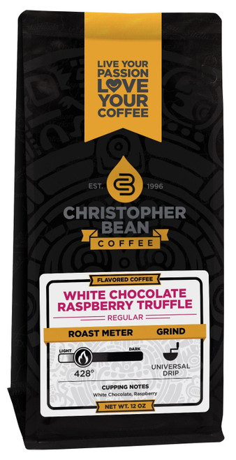 White Chocolate Raspberry Truffle Flavored Regular Ground Christopher Bean Coffee, 100% Arabica, No Sugar, No Fats, Made With Non-gmo Flavorings, 12 Oz Bag