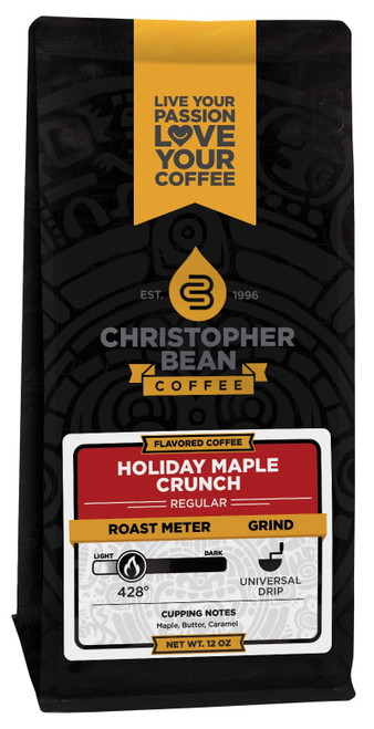 Holiday Maple Crunch Flavored Regular Ground Christopher Bean Coffee, 100% Arabica, No Sugar, No Fats, Made With Non-gmo Flavorings, 12 Oz Bag