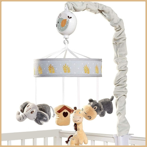 Oberlux Musical Baby Crib Mobile, Gray, Tan. Jungle Animal Safari Collection