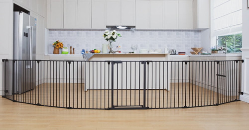 Singes 8 Panel 198" Extra Wide 30" Tall Baby Gate With Swing Door Kids Children Fence Long Large Pet Cat Dog Gate Versatile Playspace Indoor Outdoor Gate In Doorway Stairs Play Yard 2 In 1-black,white