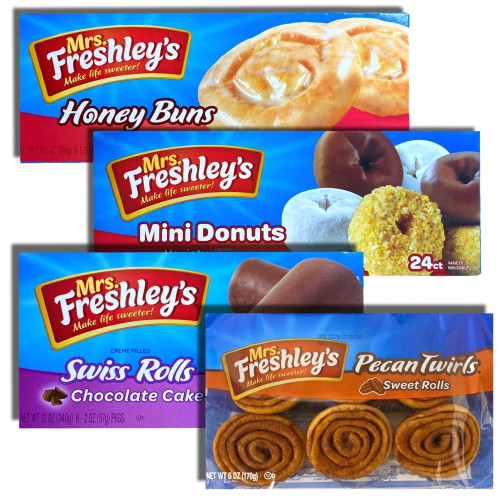 Mrs. Freshley's Snack Cakes Combo Packs Bundled By Tribeca Curations | (pecan Spins / Honey Buns / Swiss Rolls / Donuts) 48 Count