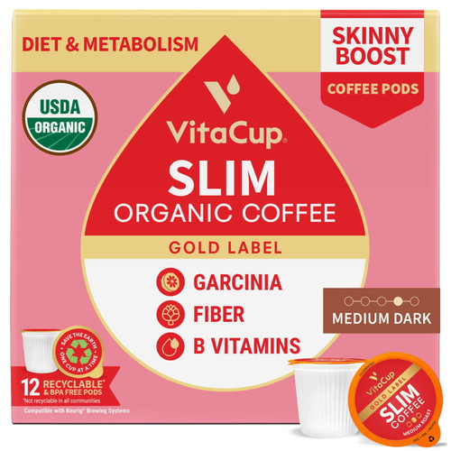 Vitacup Slim Organic Coffee Pods For Diet & Metabolism W/ Garcinia, Fiber & B Vitamins, Recyclable Single Serve K-cup Pods Compatible W/ Keurig, Gold Label Walmart Exclusive, 12 Count