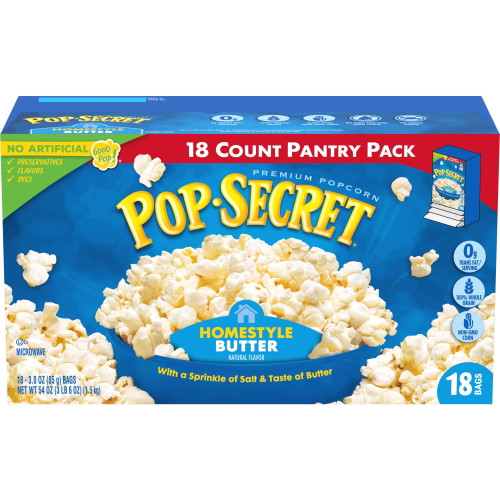 Pop Secret Microwave Popcorn, Homestyle Butter Flavor, 3 Oz Sharing Bags, 18 Ct