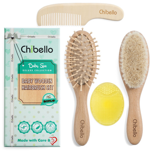 Chibello Baby Wooden Hairbrush Set, Includes Soft Goat Bristles Hairbrush For Cradle Cap Treatment, 4 Piece Set