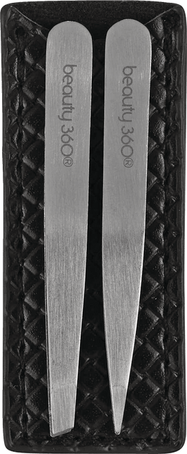 Beauty 360 Slant & Pointed Stainless Steel Travel Tweezer  Set & Case For Eyebrows, Facial Hair, Splinter And Ingrown Hair Removal