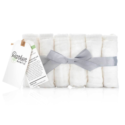Parker Baby Washcloths - 6-pack Unisex 100% Cotton Muslin Wash Cloths - Soft, Absorbent, & Natural - White