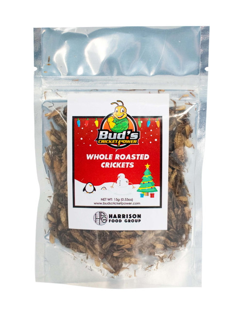 Natural Whole Roasted Crickets By Bud’s Cricket Power, Dried Edible Insects For Exotic Snacks, Cooking, Mixing And Added Crunch. Limited Christmas Edition (15g)