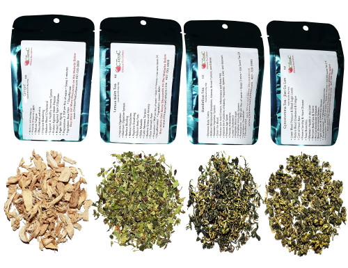 Chinese Tea Culture Tea Sampler, 4 Herbal Teas, Decaffeinated, Ginger Tea, Dandelion Tea, Gynostemma Tea, Lemon Balm, Loose Leaf Tea