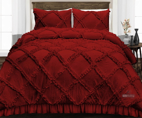 Oversized Palatial King Comforter Diamond Ruffle Burgundy 300 Gsm Plush Siliconized Microfiber Fill Duvet Insert With 1000 Thread Count Egyptian Cotton Shell Fluffy With Piping & Pillowcases