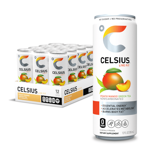 Celsius Essential Energy Drink 12 Fl Oz, Peach Mango Green Tea (pack Of 12)