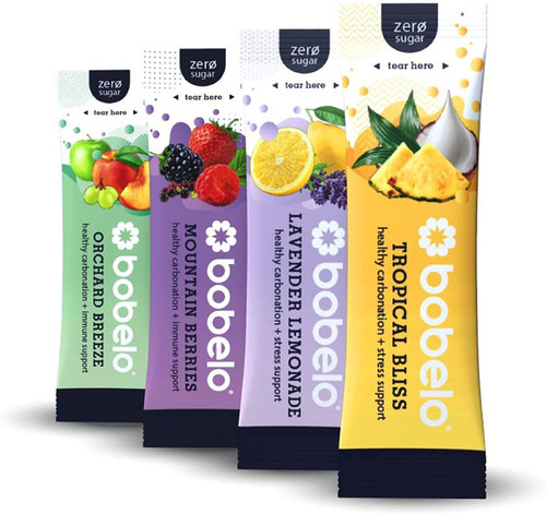 Bobelo Patented Hydrating Carbonation Variety With Relaxation/immune Support, Electrolytes, Fruit Extracts, Vitamins, Lavender Lemonade, Tropical Bliss, Orchard Breeze, Mountain Berries, 12 Count