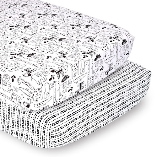 The Peanutshell Fitted Crib Sheet Set For Baby Boys Or Baby Girls, Safari Animals, 2 Pack Set, Black And White