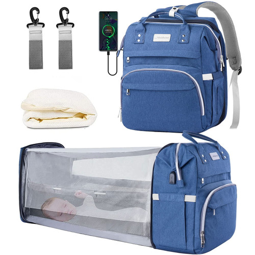 6 In 1 Diaper Bag Backpack With Changing Station, Baby Nappy Changing Bags Backpack Portable Foldable Baby Bed For Toddler, Blue