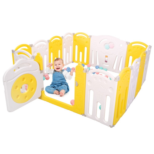 Moca Baby Playpen 14 Panel Play Yard With Double Lock Gate No Assembly Needed For Kids Toddler Child Donut Series,yellow + White