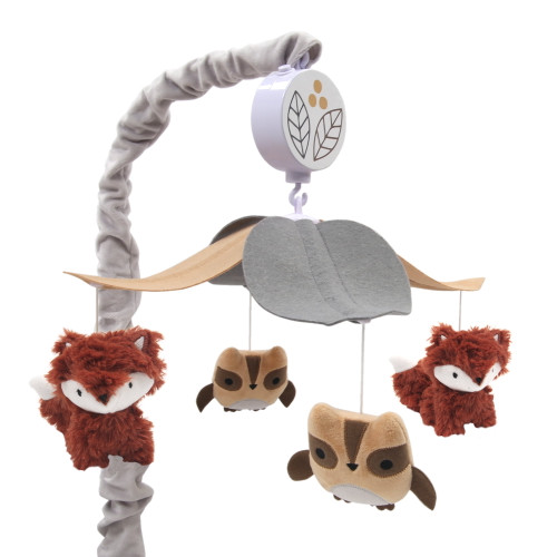 Lambs & Ivy Into The Woods Gray Owl Fox Leaf Baby Crib Musical Mobile