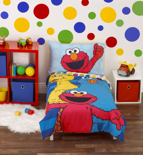 Sesame Street Sesame Street Best Friends Blue And Red 4 Piece Toddler Bedding Set, Comforter, Top Sheet, Fitted Sheet, Pillowcase, Toddler Boy