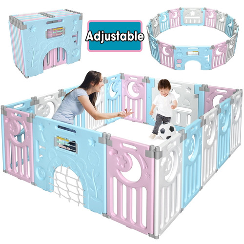 Bubblbay 14-panel Foldable Baby Playpen With Game Panel,football&basket Ball, Safety Lock, Non-slip Bases