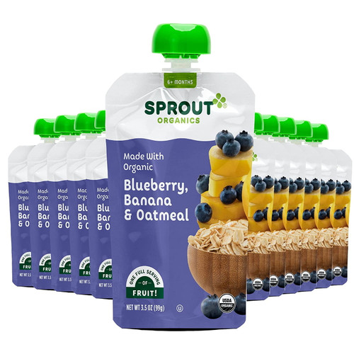 Sprout Organic Baby Food, Stage 2 Pouches, Fruit Veggie & Grain Blend, Blueberry Banana Oatmeal, 3.5 Oz Purees (pack Of 12)