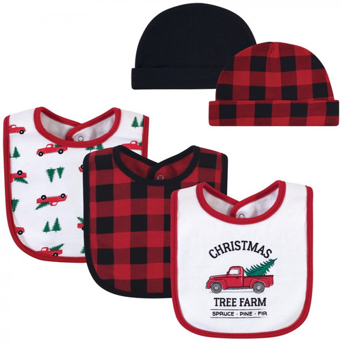 Hudson Baby Infant Boy Cotton Bib And Caps Set 5pk, Christmas Tree Farm, One Size