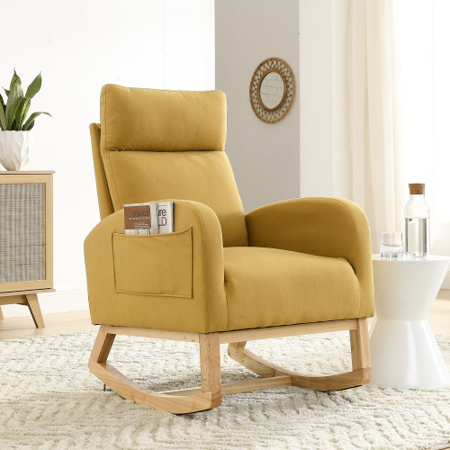 Syngar 28"w Rocking Chair, Mid Century Modern Nursery Rocking Armchair With 2 Large Side Pockets, Upholstered Tall Back Accent Glider Rocker For Living Room, Bedroom, Office, Apartment, Yellow
