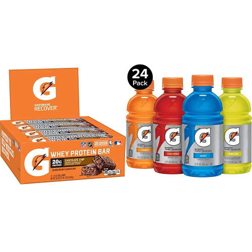 Gatorade Whey Protein Recover Bars, Chocolate Chip, 2.8 Ounce Bars (12 Count) & Classic Thirst Quencher, Variety Pack, 12 Ounce Bottles (pack Of 24)
