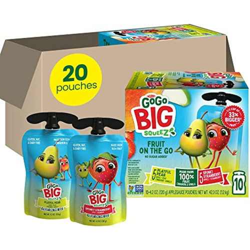 Gogo Big Squeez Playful Pear & Spunky Strawberry, 4.2 Oz. (20 Pouches) - Bigger, Tasty Kids Snacks Made From Pears And Strawberries - Gluten Free Snacks - Nut & Dairy Free - Vegan Snack (cap May