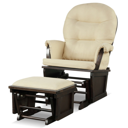 Gymax Wood Glider & Ottoman Cushion Set Baby Nursery Rocking Chair Beige