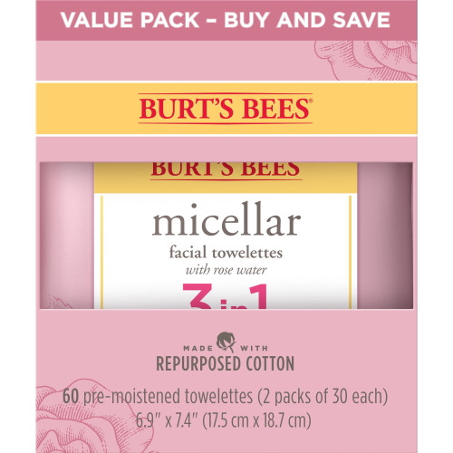 Burts Bees Micellar 3 In 1 Facial Towelettes With Rose Water, 60 Ct