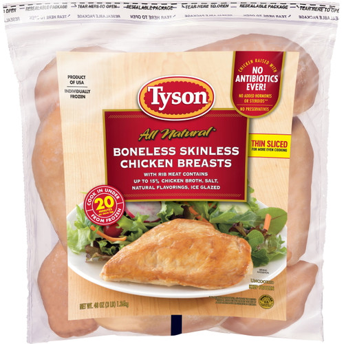 Tyson All Natural Boneless Skinless Chicken Breasts, 3 Lb Bag (frozen)