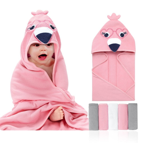 Bullpiano Hooded Baby Towel With Washcloths Set Baby Bath Essentials Newborn Baby Bath Items,flamingo