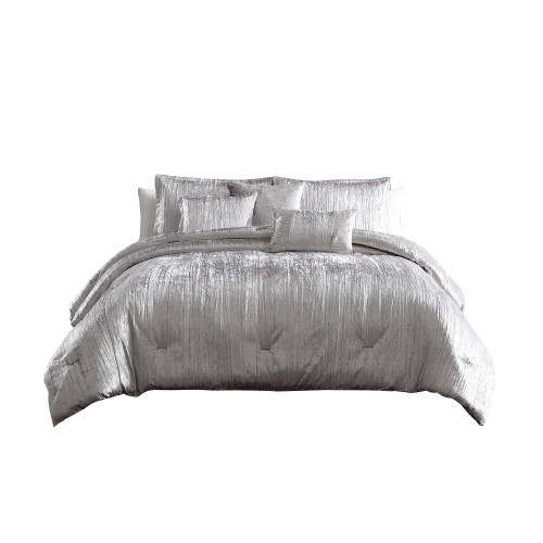 King Size 7 Piece Fabric Comforter Set With Crinkle Texture, Silver