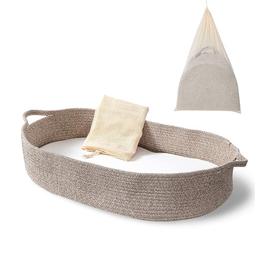 Baby Changing Basket - Moses Basket Changing Table Topper And Thick Foam Pad With Removable Cotton Mattress Cover, 100% Cotton Boho Nursery Decor In Coffee Color With Storage Bag