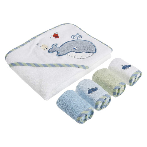 Spasilk Baby Bath Cotton Hooded Terry Towel & 4 Washcloths Set, Blue Whale