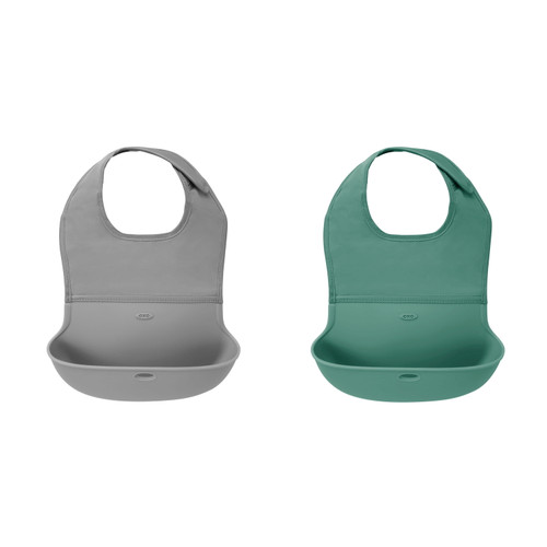 Oxo Tot Silicone Roll-up Feeding Baby Bib, Sage And Gray, 2pk, Unisex