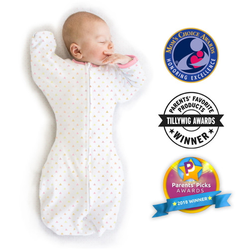 Swaddledesigns Transitional Swaddle Sack  - Arms Up 1/2-length Sleeves & Mitten Cuffs, Tiny Triangles Shimmer, Pink Small, 0-3 Months ( Parents Picks Award Winner, Easy Transition With Better Sleep)