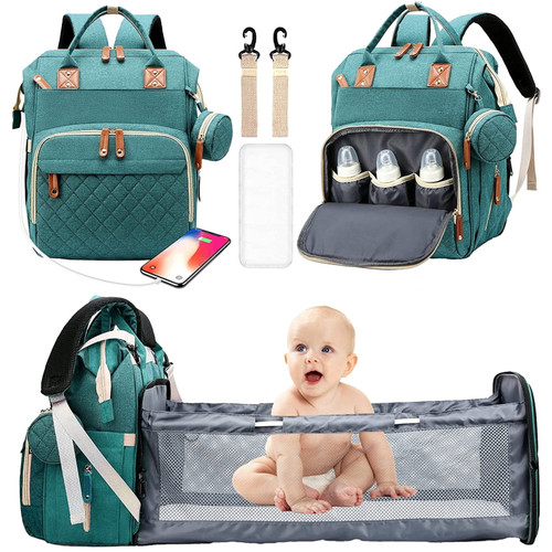 2022new Wzcpcv Diaper Bag Backpack,large Unisex Baby Travel Nappy Diaper Bags With Foldable Crib, Waterproof Baby Bag With Changing Station&usb Charging Port,green