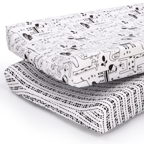 The Peanutshell Changing Pad Cover, 2 Pack, Black & White Tribal And Zoo Animal Print